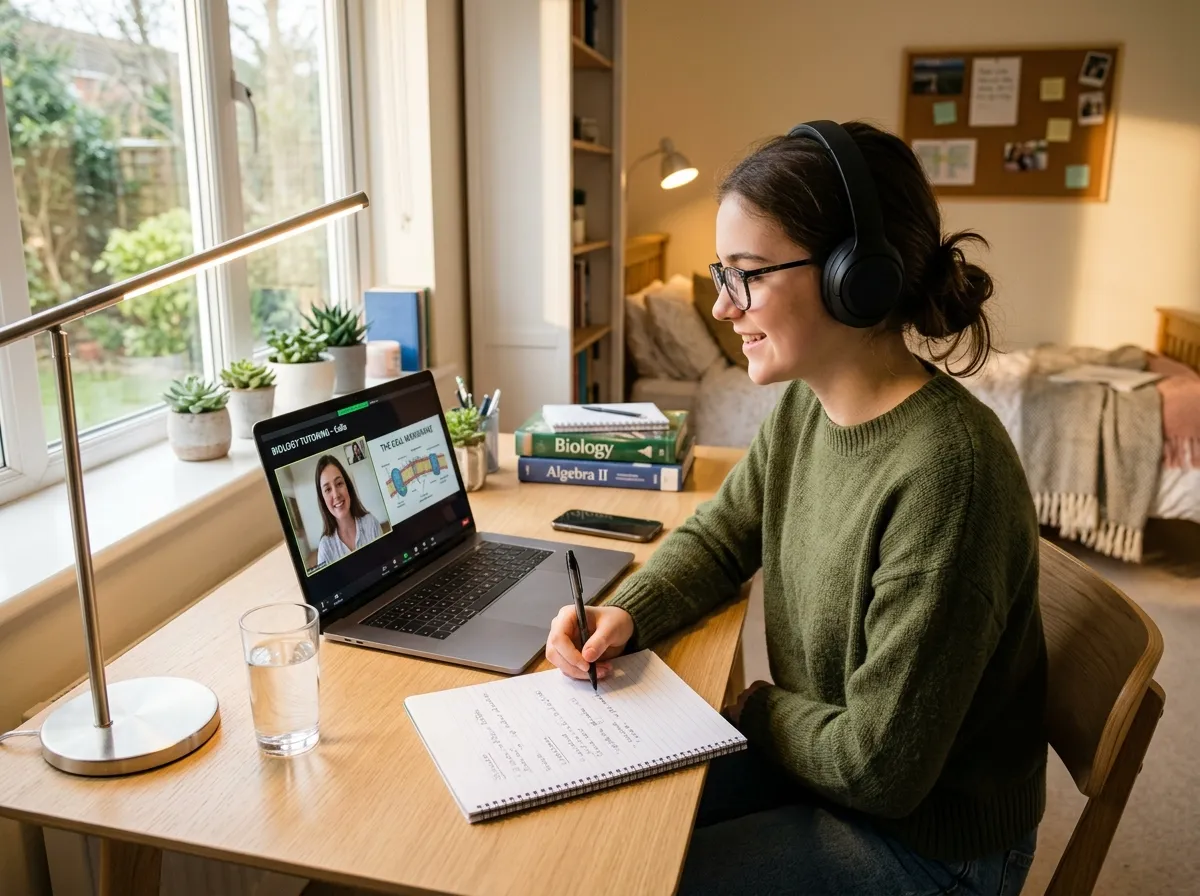 High school student attending a live interactive online tutoring lesson on laptop