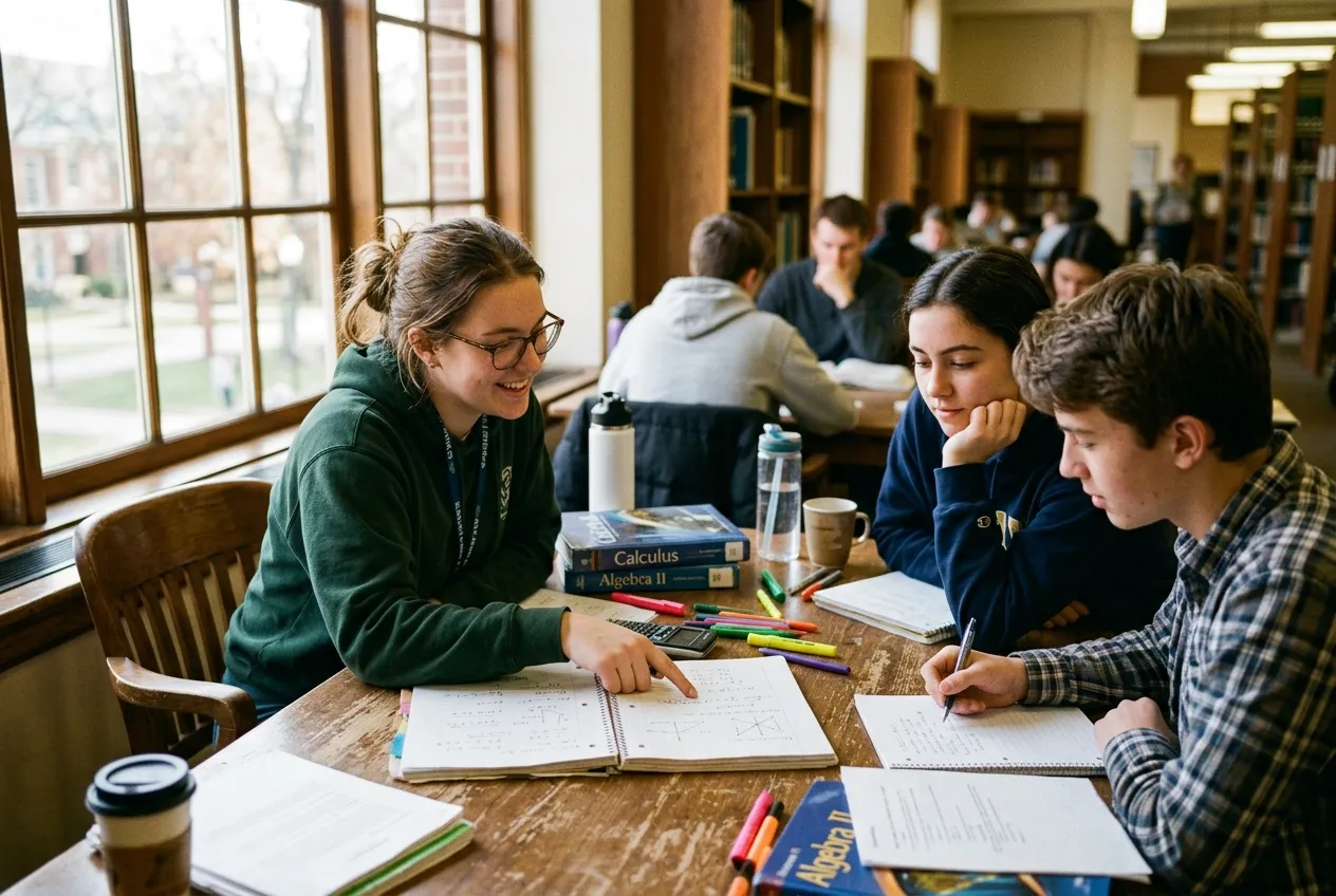 College tutor and high school students collaborating on calculus and physics problems