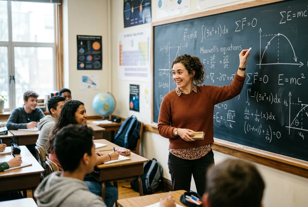 A passionate educator explaining physics and calculus at the blackboard to students